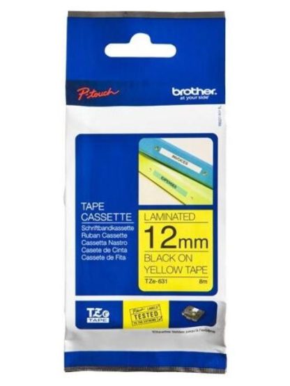 CINTA BROTHER TZE631 NEGRO EN AMARILLO 12MM X 8M